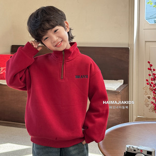 中大男童半高领加绒加厚卫衣潮宝男孩立领加绒套头衫上衣红色藏青