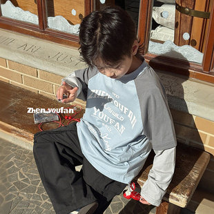 男童纯棉长袖26春款男孩儿童假两件衣印花T恤潮拼色休闲深灰蓝色