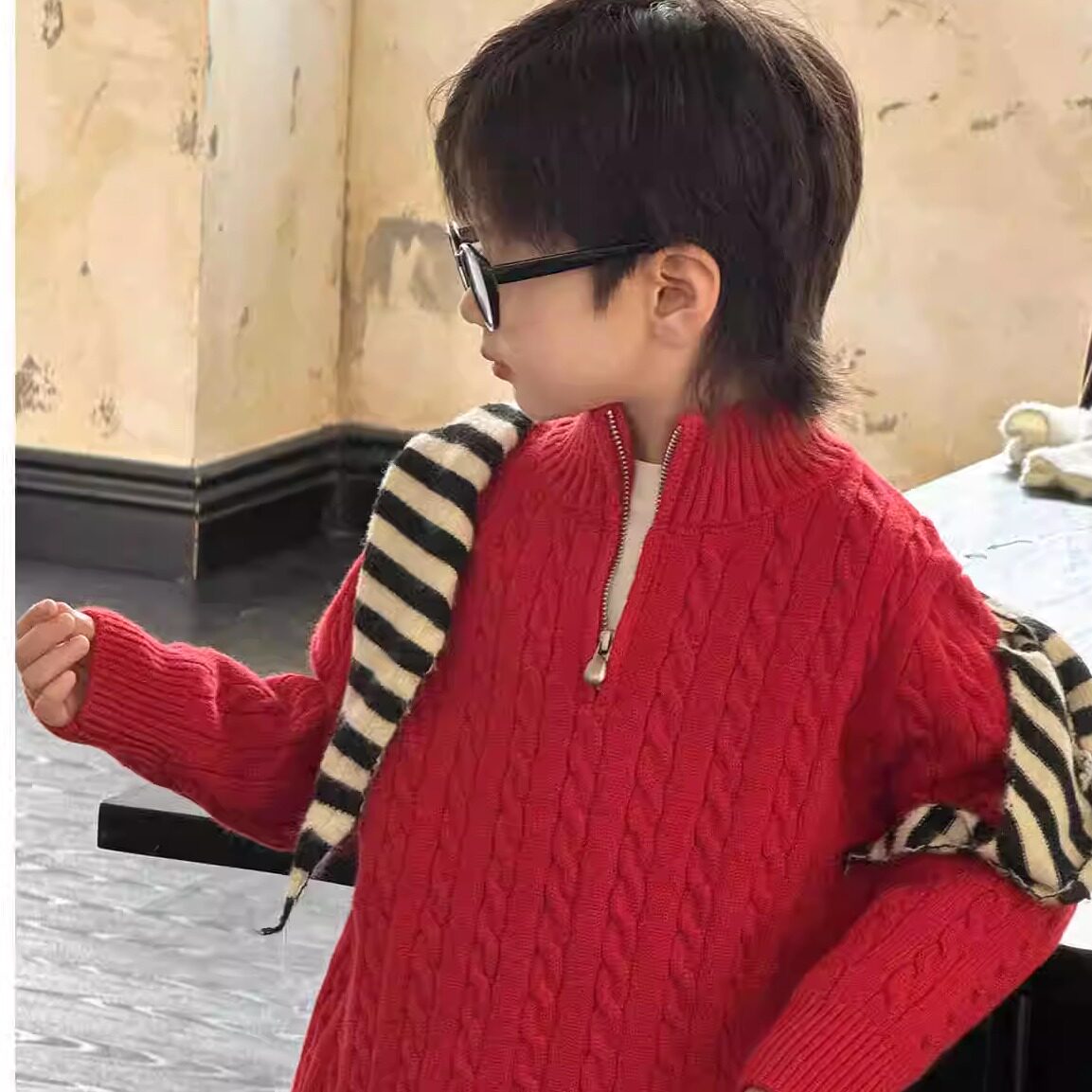 男童半开领毛衣红色25冬新款儿童加厚针织衫上衣休闲