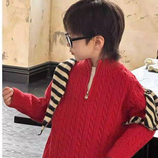 男童半开领毛衣红色25冬新款儿童加厚针织衫上衣休闲