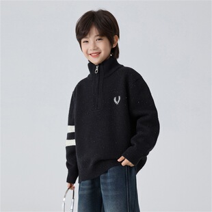 25冬新款男童韩版高领拉链毛衣洋气潮宝男孩学院风针织衫米白黑色