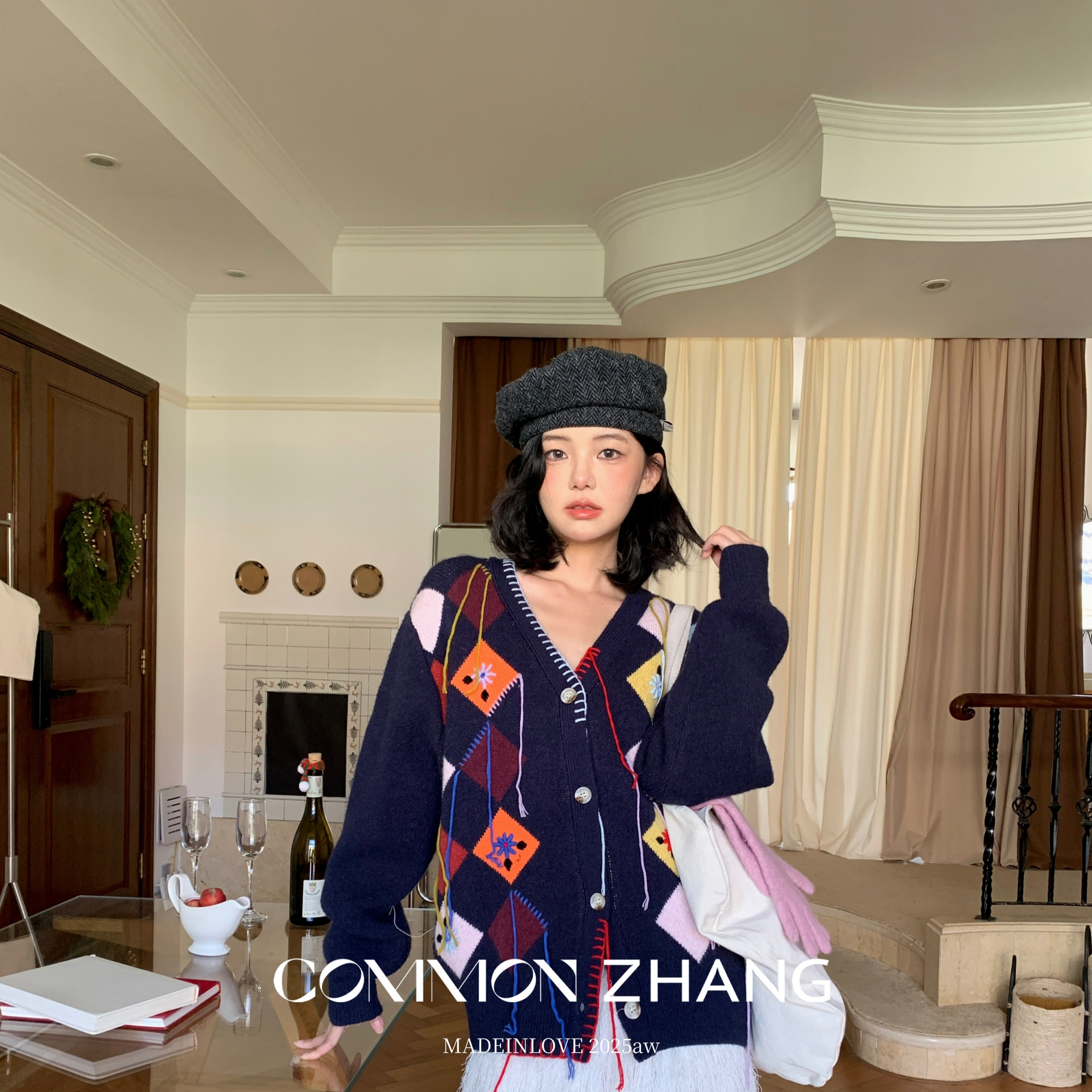 CZ ZHANG-式复古V领针织设计感撞色菱格拼接流苏毛织外套保暖毛衣