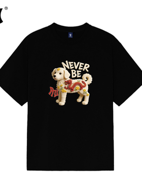 PNJ国潮龙犬守护美式印花短袖新中式T恤黑色宽松重磅纯棉男女通用