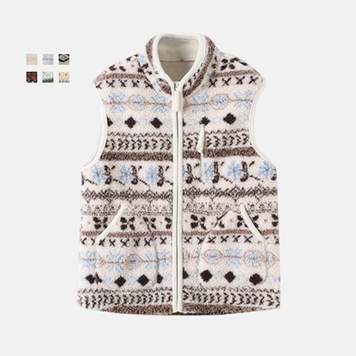 美式复古费尔岛叠穿羊羔毛马甲女加厚卷叶纹双面摇粒绒背心外套