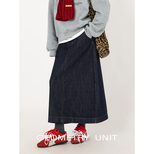 几何单元 裙子 蓝色牛仔半裙秋冬A字半身裙女宽松高腰显瘦中长款