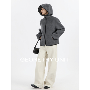 几何单元连帽双面呢短款大衣秋冬羊毛混纺夹克韩系巨好看外套女
