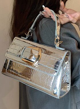 漆皮亮面包包女2024新款时尚高级感单肩小方包网红洋气手提斜挎包