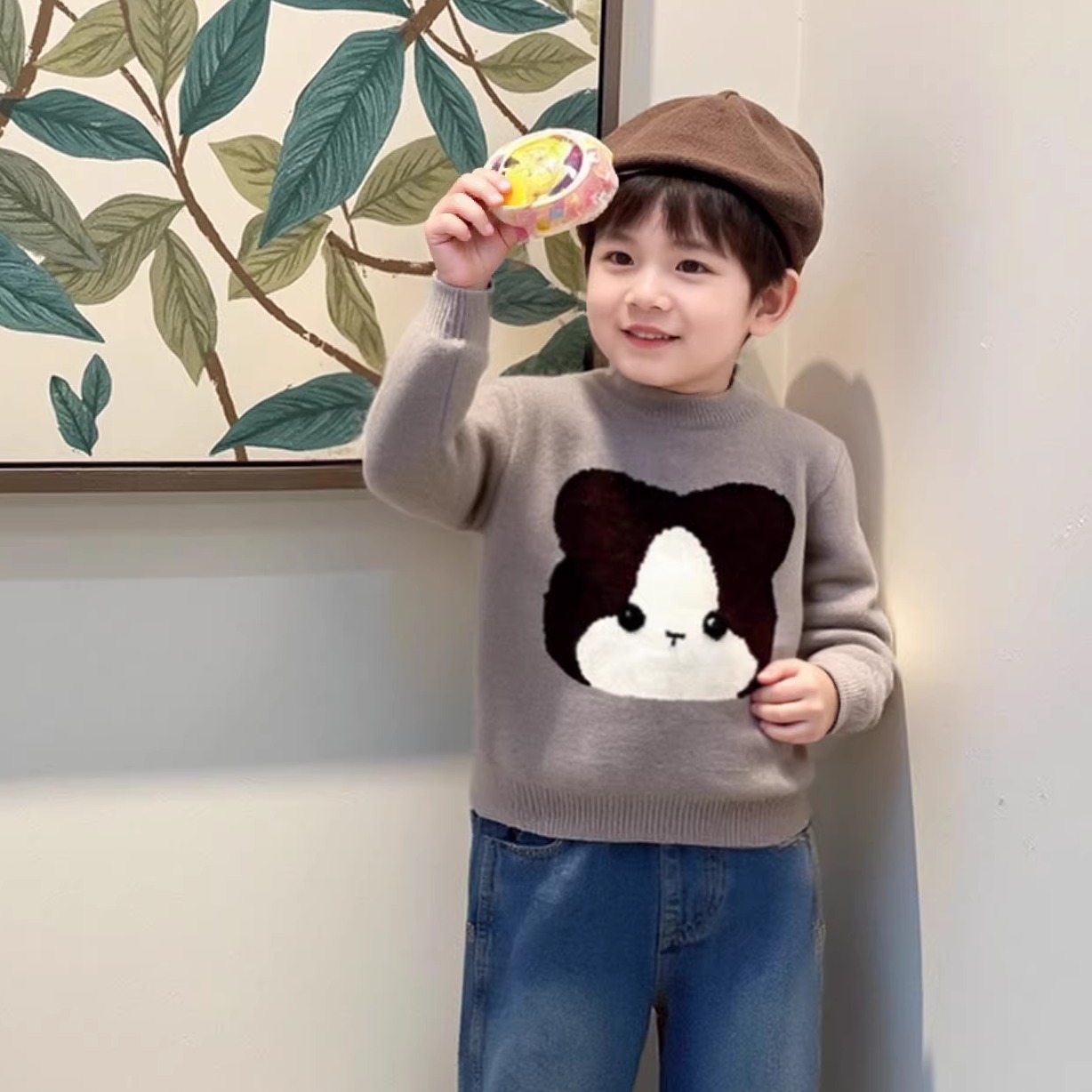 男童2025秋冬新款中小童羊毛衫女童卡通针织洋气猫咪加厚可爱毛衣