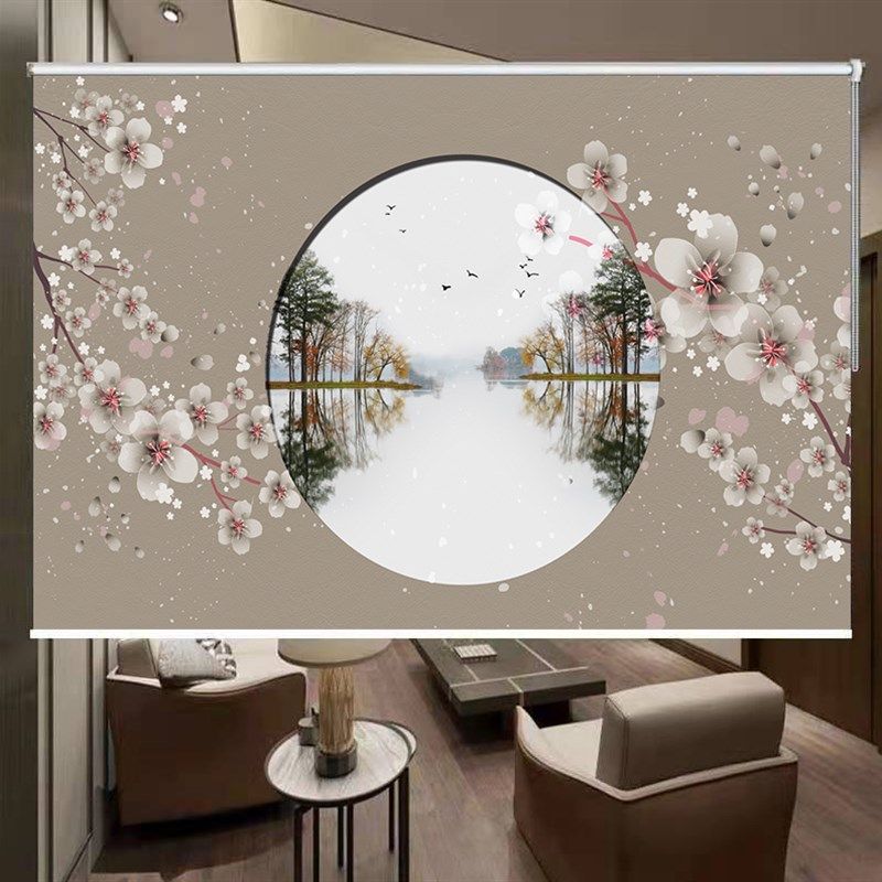 新中式卷帘窗帘升降遮光办公室背景挂画客厅免打孔电动遮阳手拉帘,居家布艺,卷帘,淘宝优惠券,粉丝福利购,淘宝优惠卷
