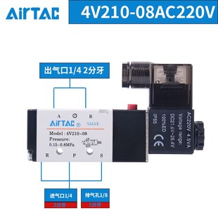 4v210一08 电磁气动阀 220v控制器气阀换向阀电子阀线圈24v