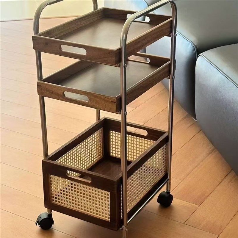 实木可移动边几收纳中古小推车客厅沙发储物置物架藤编复古餐边柜,住宅家具,移动边几/推车,淘宝优惠券,粉丝福利购,淘宝优惠卷