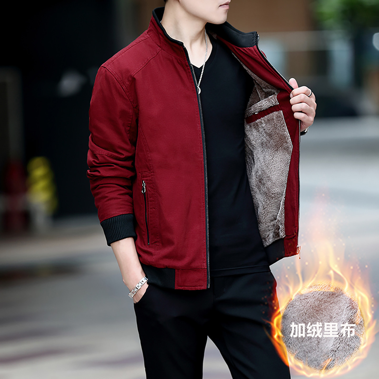 酒红色外套男纯棉夹克衫大码男装潮流休闲年轻爸爸短款上衣高级感