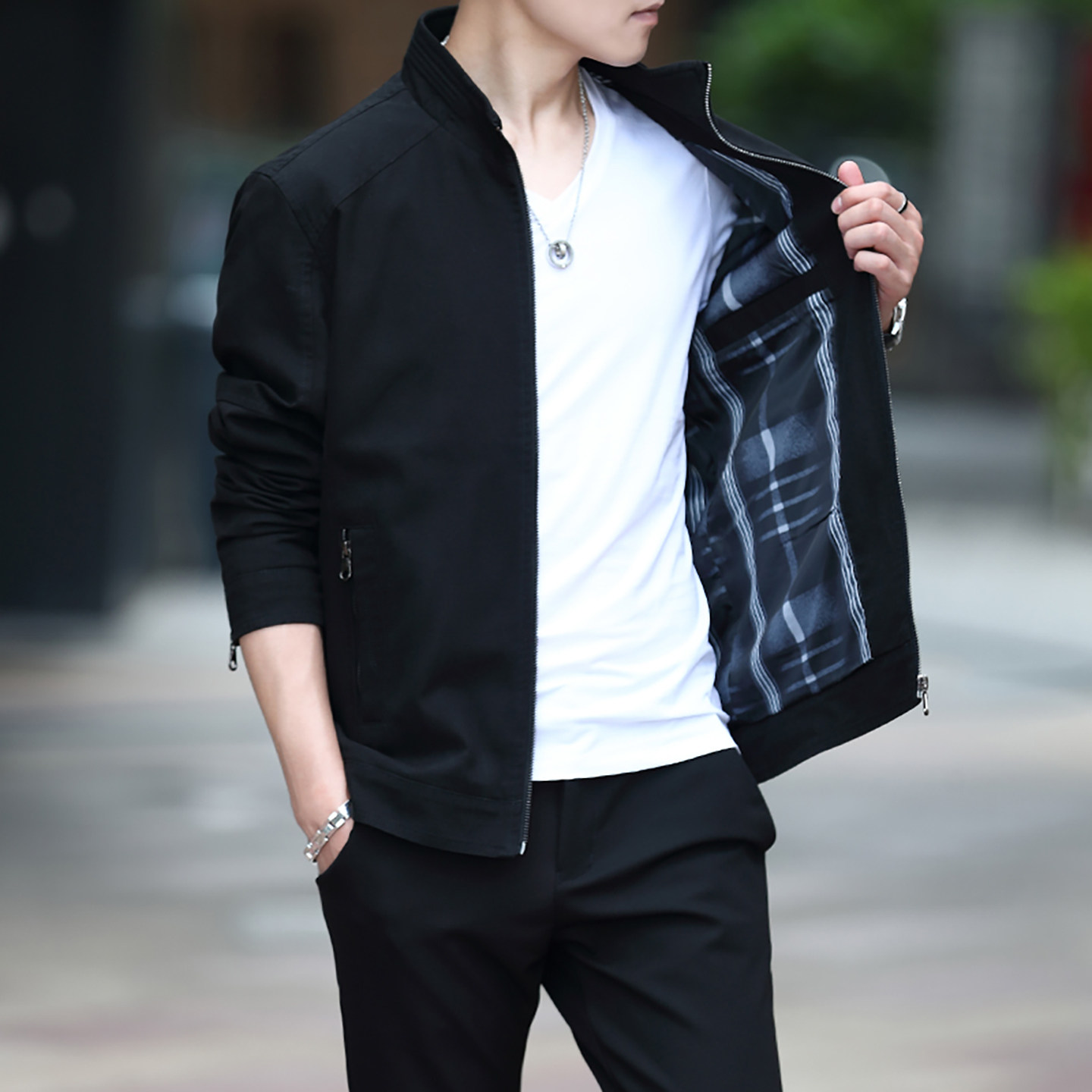 黑色纯棉夹克衫男春秋季潮流休闲上衣服男装中年爸爸薄款短款外套