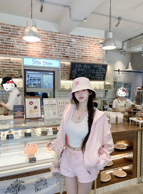 若语定制 sk1ms早秋 早秋休闲连帽口袋拉链卫衣长裤短裤三件套装