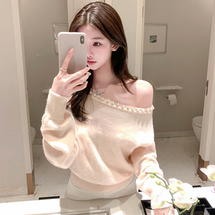 若语定制 一眼沦陷斜边珍珠领银丝针织衫软糯百搭设计感显瘦上衣
