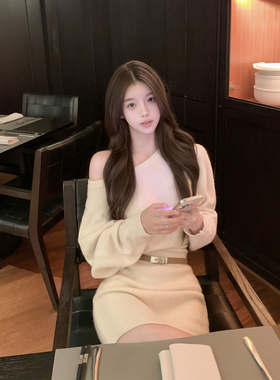 若语定制 素颜女主斜边羊毛针织毛衣显瘦包臀连衣裙女送ke11y皮带
