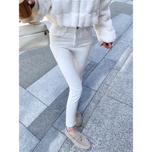 若语定制 封神小白裤 中腰一粒扣韩女漫画腿毛边小脚牛仔裤铅笔裤