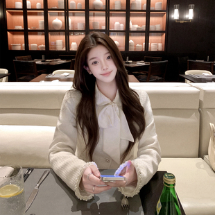 若语定制 千金马德琳 手工珍珠链条编织小香外套衬衫半裙三件套女