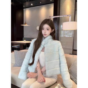若语定制 雪绒少女兔 定染立领横排兔毛皮草外套高级感贵气名媛