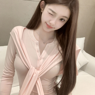 若语定制 开春奶皮套装亨利衫披肩裤子套装性感显瘦内搭打底衫女