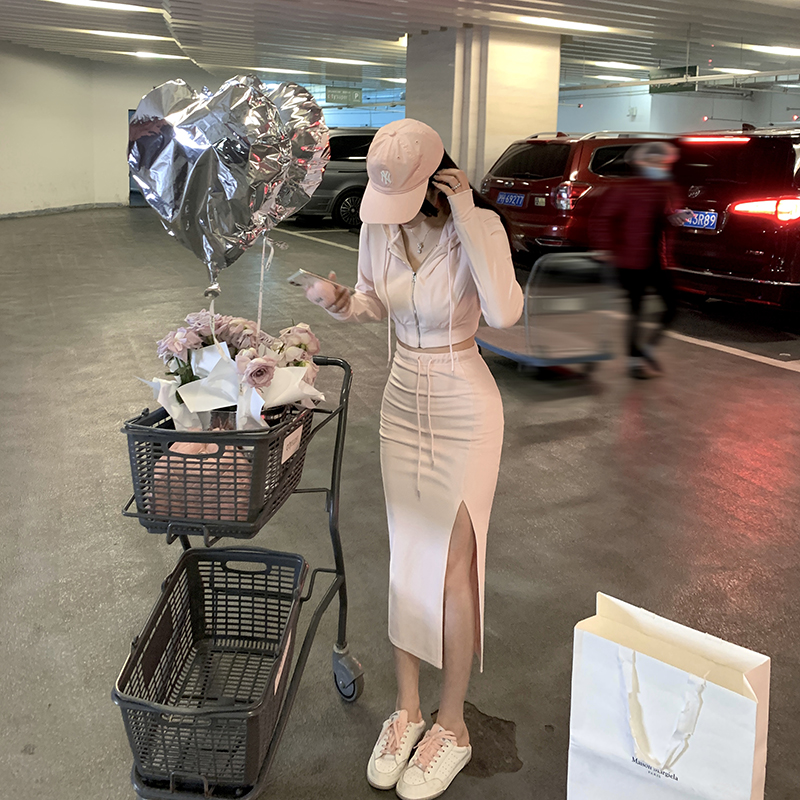 若语定制 蜜桃甜酒 修身连帽短款卫衣开叉包臀半裙时尚显瘦两件套