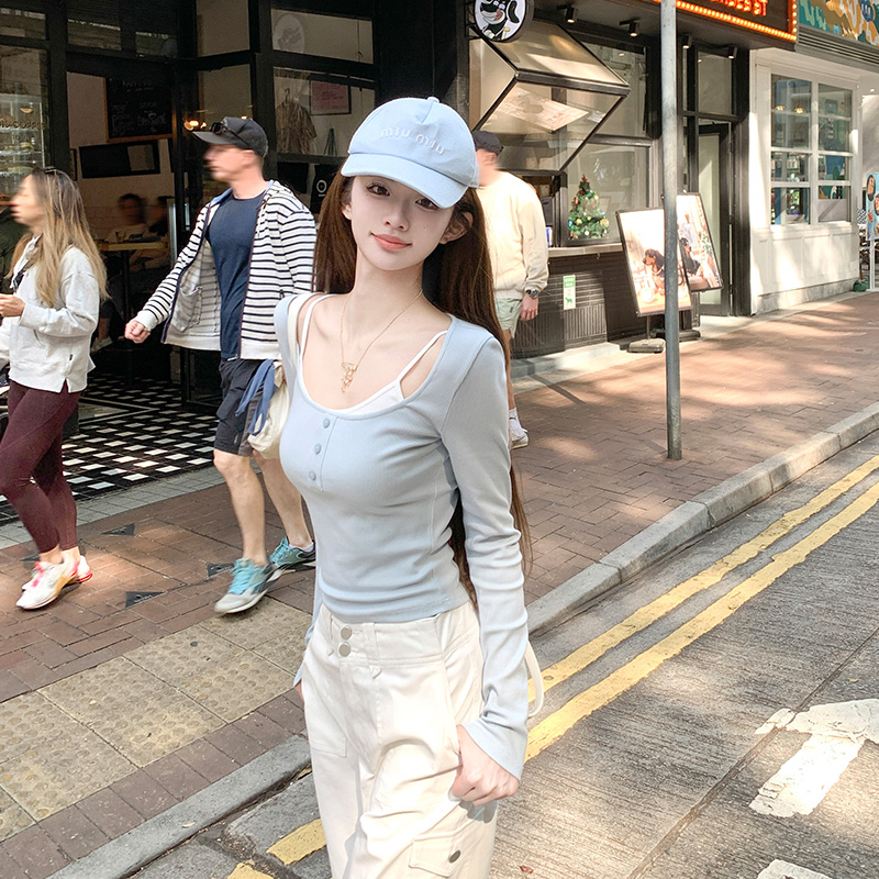 若语定制 海盐少女大u坑条吊带上衣纯欲修身显瘦百搭两件套女