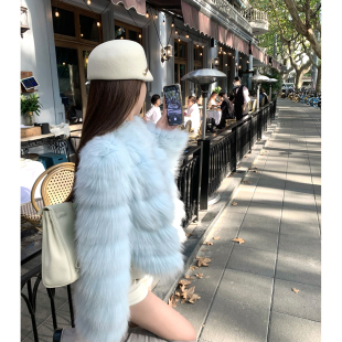 迈森蓝 若语定制 定染白狐拼接蕾丝车条皮草上衣甜美温柔毛毛外套