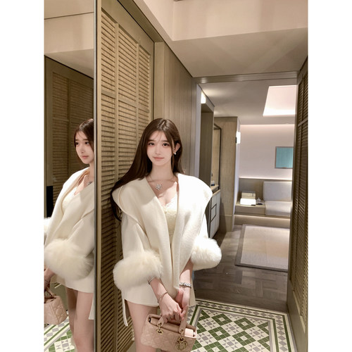 若语定制 D家女神大衣 100羊毛狐狸毛双面尼贵气名媛大衣毛呢外套