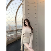 若语定制 巴黎日落 10羊毛细闪一字肩连衣裙纯欲气质性感包臀裙