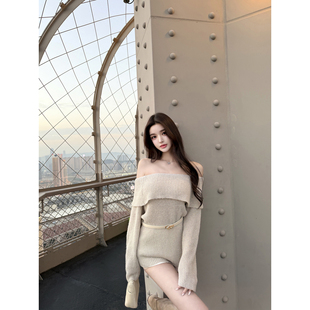 若语定制 巴黎日落 10羊毛细闪一字肩连衣裙纯欲气质性感包臀裙