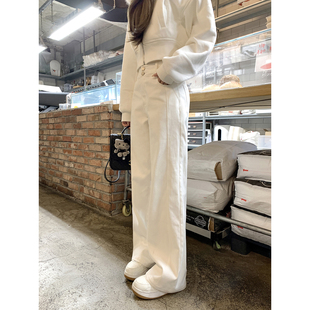 若语定制 磨毛白牛 97棉磨毛两粒扣宽松牛仔裤高腰气质休闲长裤冬