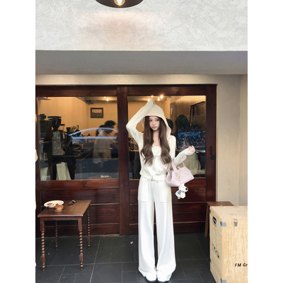 若语定制 香香白富美套 连帽白撞粉针织开衫长裤套装早秋气质休闲