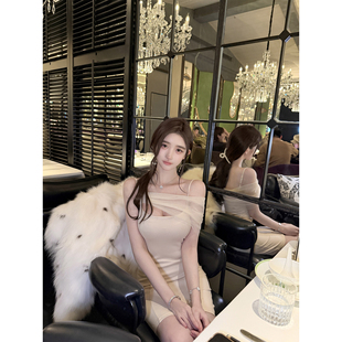 若语定制 美神降临  网纱拼接裸杏弹力连衣裙纯欲性感气质高级感