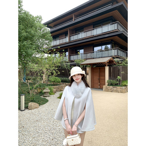 若语定制 定染海雾蓝 100狐狸毛斗篷羊毛双面尼大衣外套贵气名媛