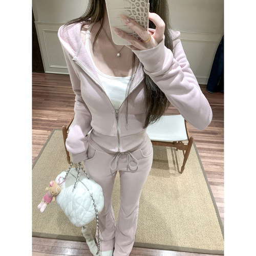 若语定制 暖冬纸片人 收腰磨毛连帽卫衣裤子两件套修身显瘦套装