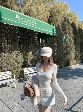 若语定制 版型巨好 大u领修身高弹针织上衣纯欲性感打底衫冬季