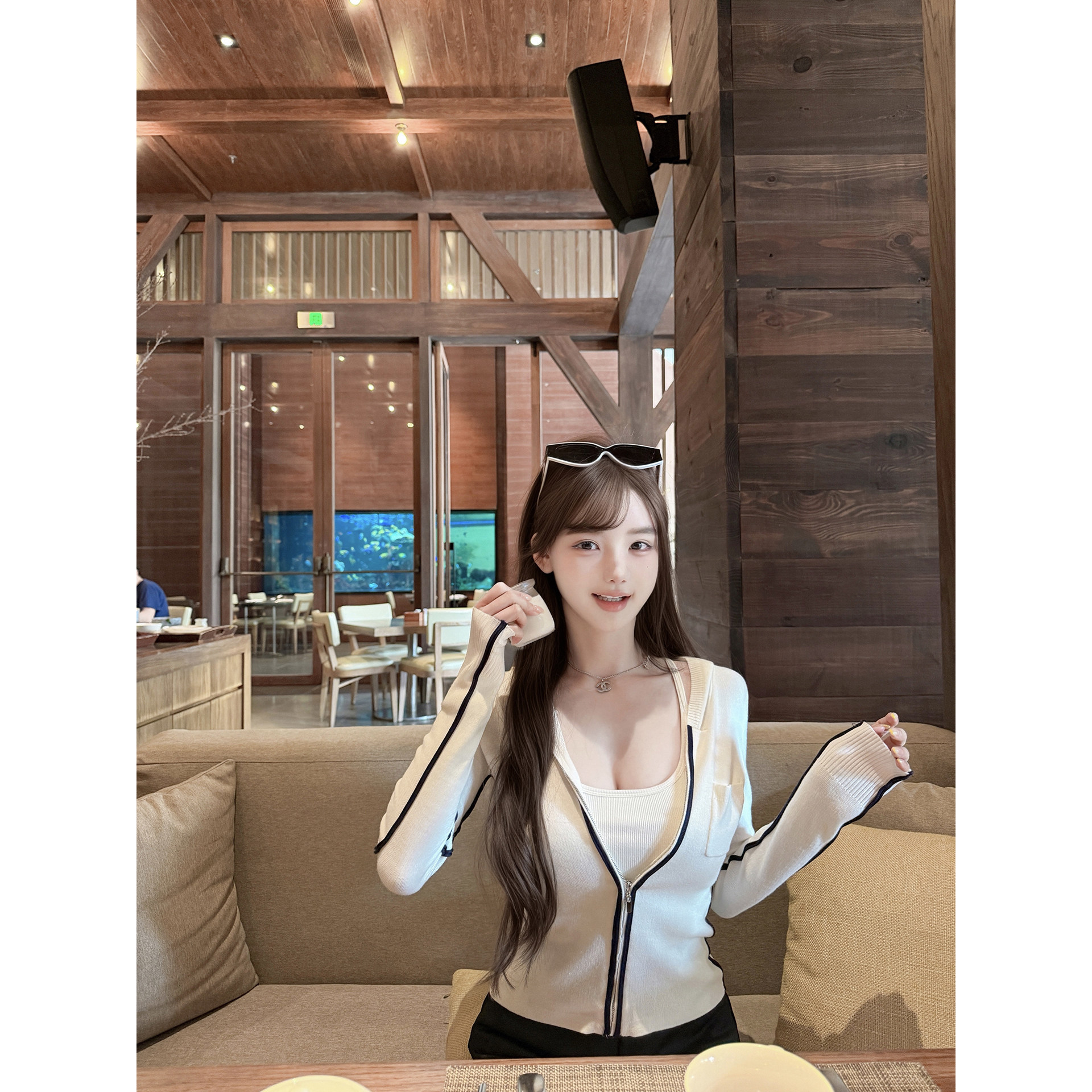 若语定制 奶油小香 撞色轻薄连帽羊毛开衫休闲气质名媛春夏外套女