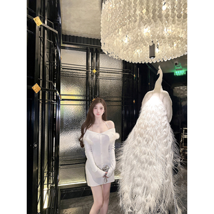 若语定制 晚宴主角 一字肩狐狸毛针织连衣裙纯欲性感包臀裙打底裙