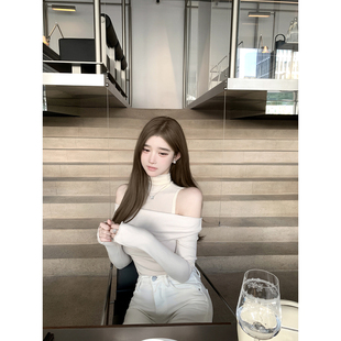 若语定制 高领一字肩双面德绒上衣露肩斜肩上衣纯欲气质 韩女日常