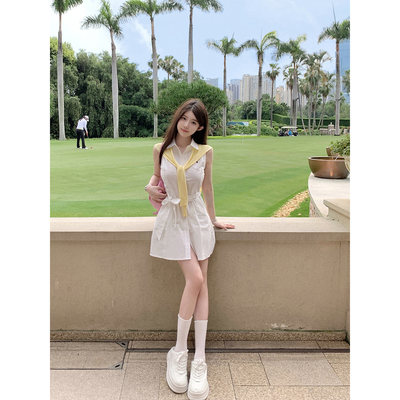 刺绣牛津布棉系带连衣裙