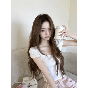 若语定制 白女必修课 大U领显瘦小半袖短袖T恤纯欲性感修身上衣