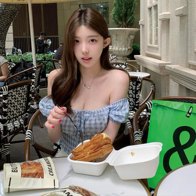 若语定制 初恋舒芙蕾 清纯嗲泡泡袖两穿一字肩细带收腰纯欲上衣