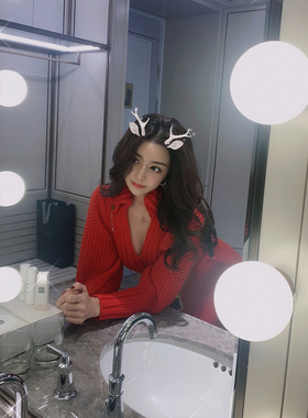 若语定制 红色新年款连衣裙V领收腰显瘦泡泡袖毛衣裙复古小众裙子