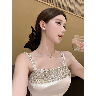若语定制 女神降临 柳智敏同款手缝钻链缎面连衣裙纯欲气质名媛裙