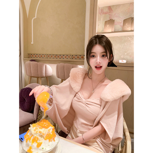 若语定制 千金兔兔 定染100獭兔毛可拆卸斗篷针织上衣+吊带背心套