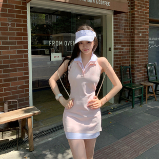 若语定制 叛逆少女 假两件粉白撞色高腰气质纯欲无袖POLO领连衣裙