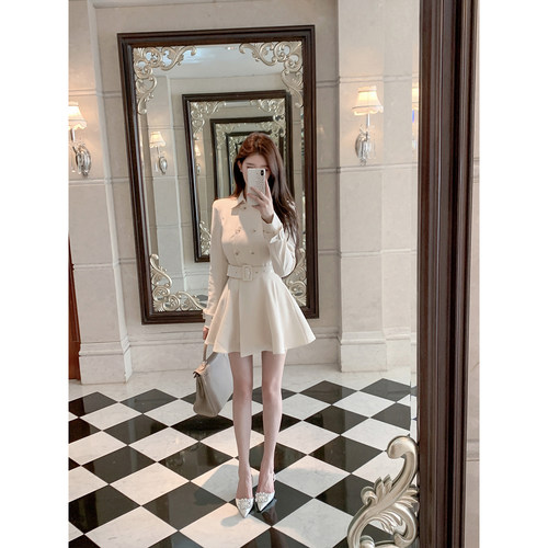 若语定制 韩剧大女主 气质名媛温柔米连衣裙外套+腰带风衣早秋款