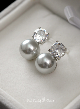 红口袋法式复古锆石仿施家珍珠耳环银针清冷真多麻银灰色耳饰耳钉