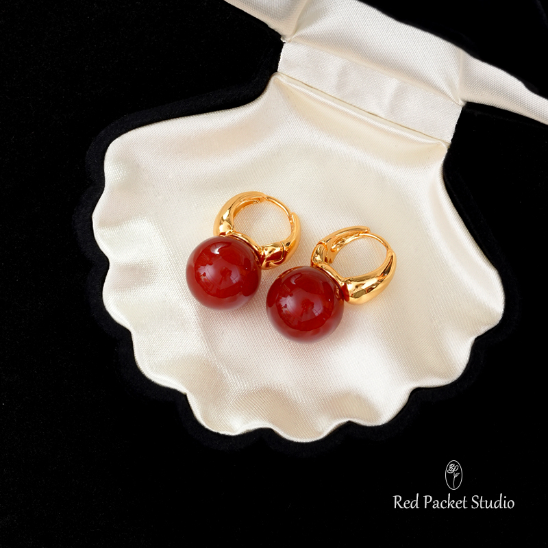 法式复古小众高级感红色玛瑙耳环