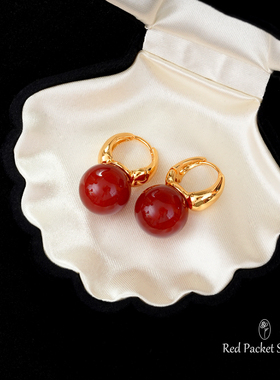 红口袋法式复古小众高级感红色玛瑙耳环简约气质春节新年耳饰耳扣
